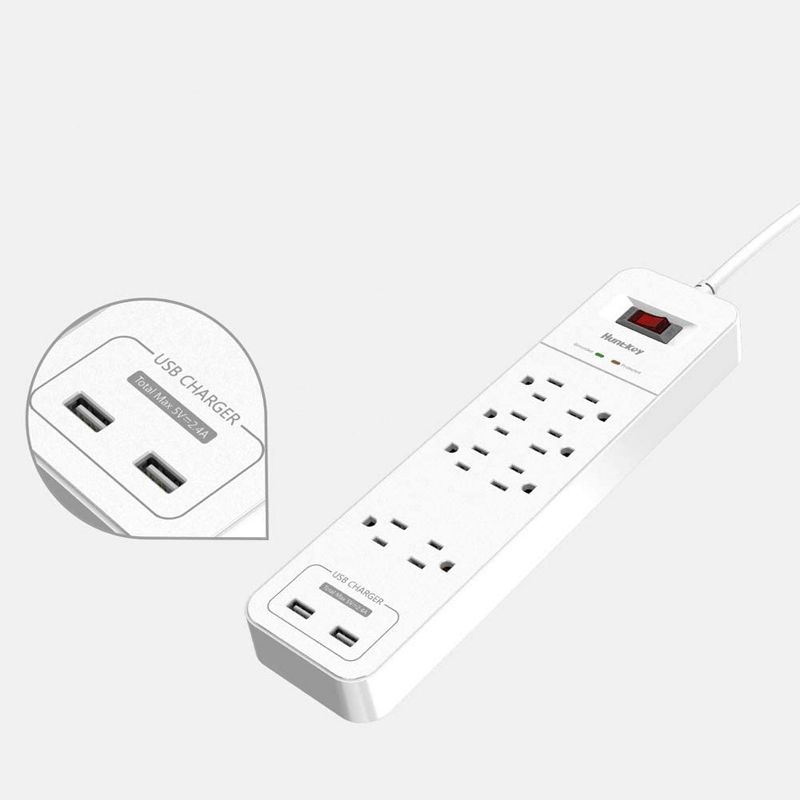 Huntkey 2 x SMC807 Power Strip with 8 Standard American Sockets, 2 5V/2.4A USB Ports, and 6 Foot Heavy Duty Cord, White (2 Pack)
