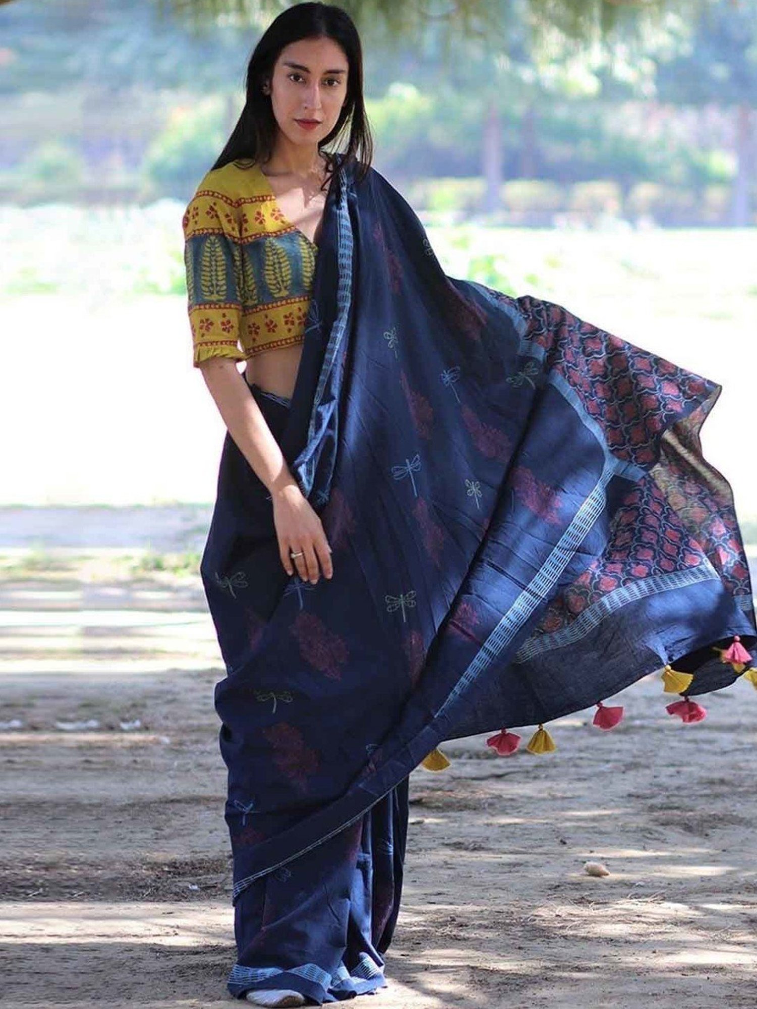 Chidiyaa Blue Block Printed Cotton Mul Saree
