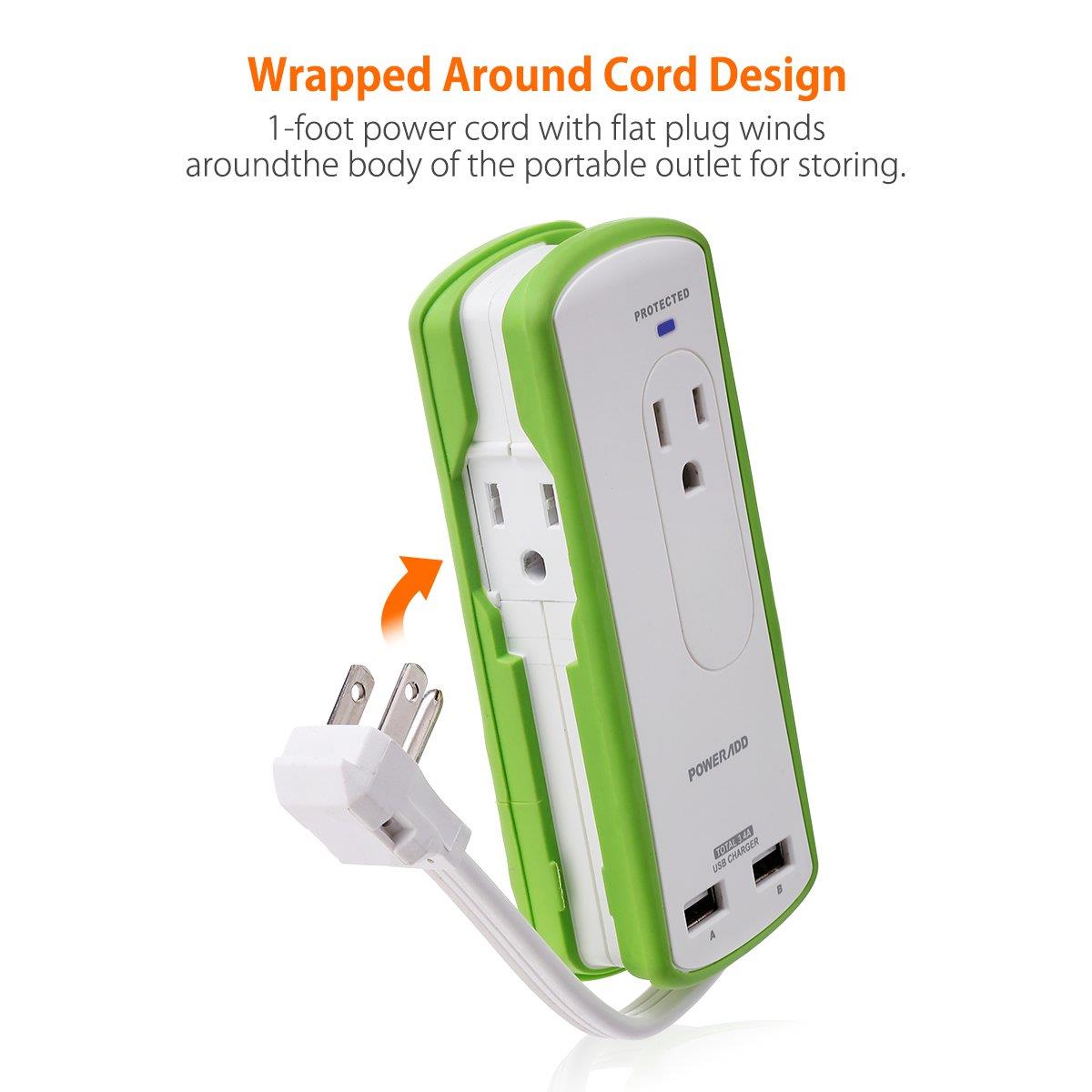 Poweradd 2-Outlet Mini Portable Travel Surge Protector with Dual 3.4A Smart USB Ports, Wrapped Cord Design - UL Listed
