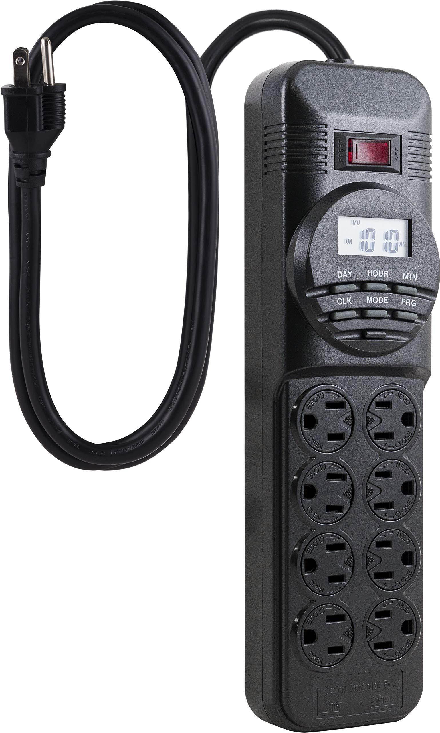 GE 7-Day Programmable Power Strip with Digital Timer, 8 Grounded Outlets (4 Timed / 4 Always On), Indoor, 15 Amp, 1800W, Easy Presets and Custom Settings for Weekly Cycle, Minute Intervals, 15077