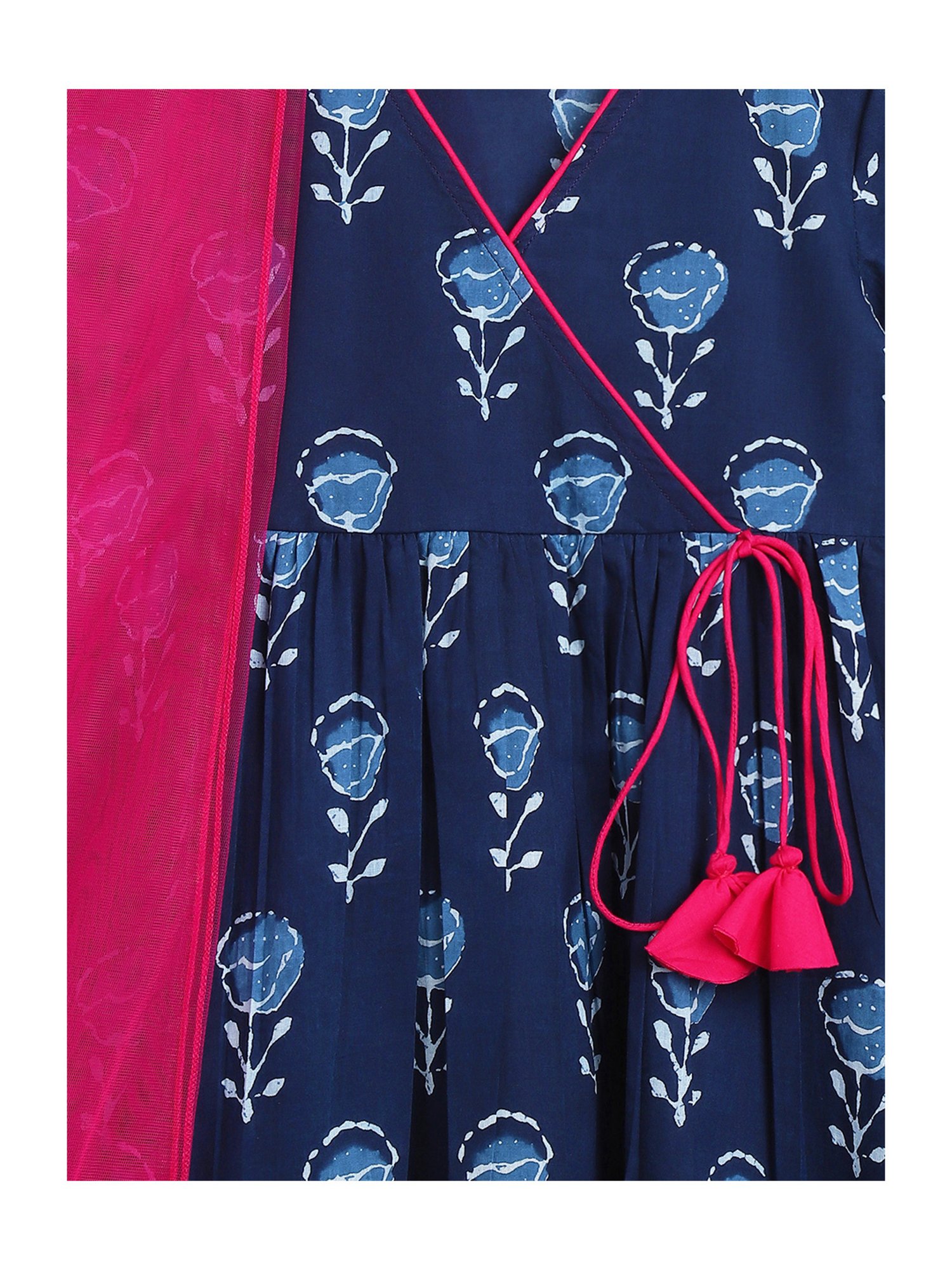 Campana Kids Navy & Pink Floral Print Kurta, Sharara with Dupatta