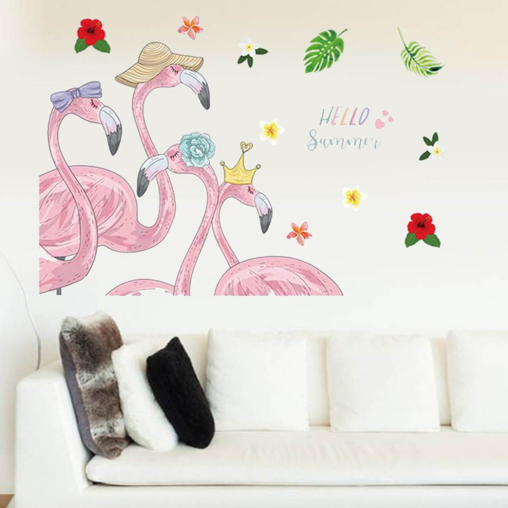 Fashion Hello Summer Pink Flamingos Wall Decals Wall Stickers Decorations for Home Office