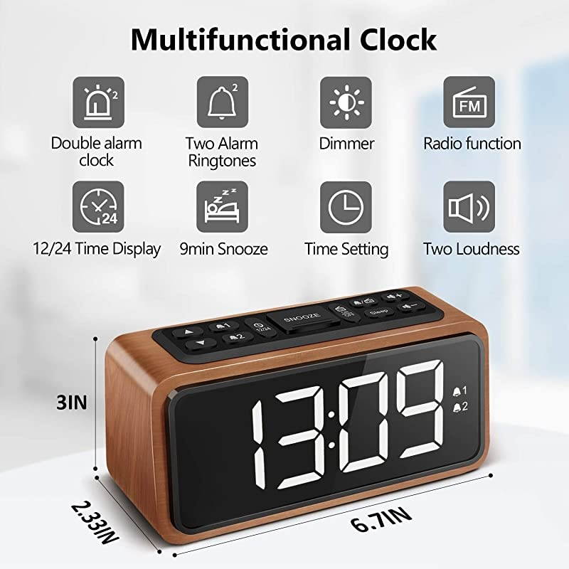 Alarm Clock, Large LED Display Wood Digital FM Alarm Clock, Adjustable Brightness Dimmer and Snooze, Simple LED Clock with Dual Alarm, 12/24 Hour, Powered by AC Adapter (White LED)