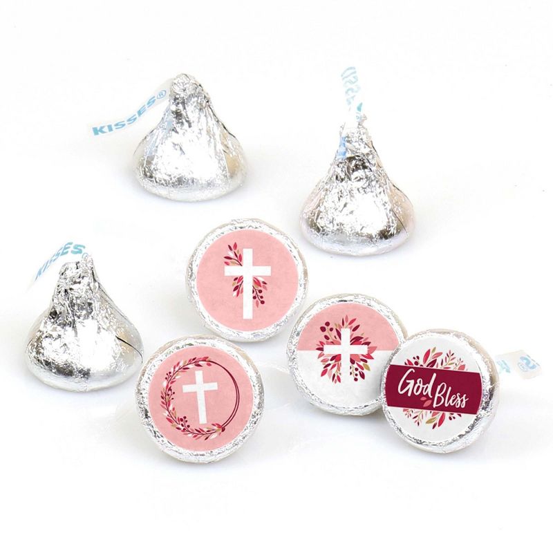 Big Dot of Happiness Pink Elegant Cross - Girl Religious Party Round Candy Sticker Favors - Labels Fit Hershey's Kisses (1 sheet of 108)