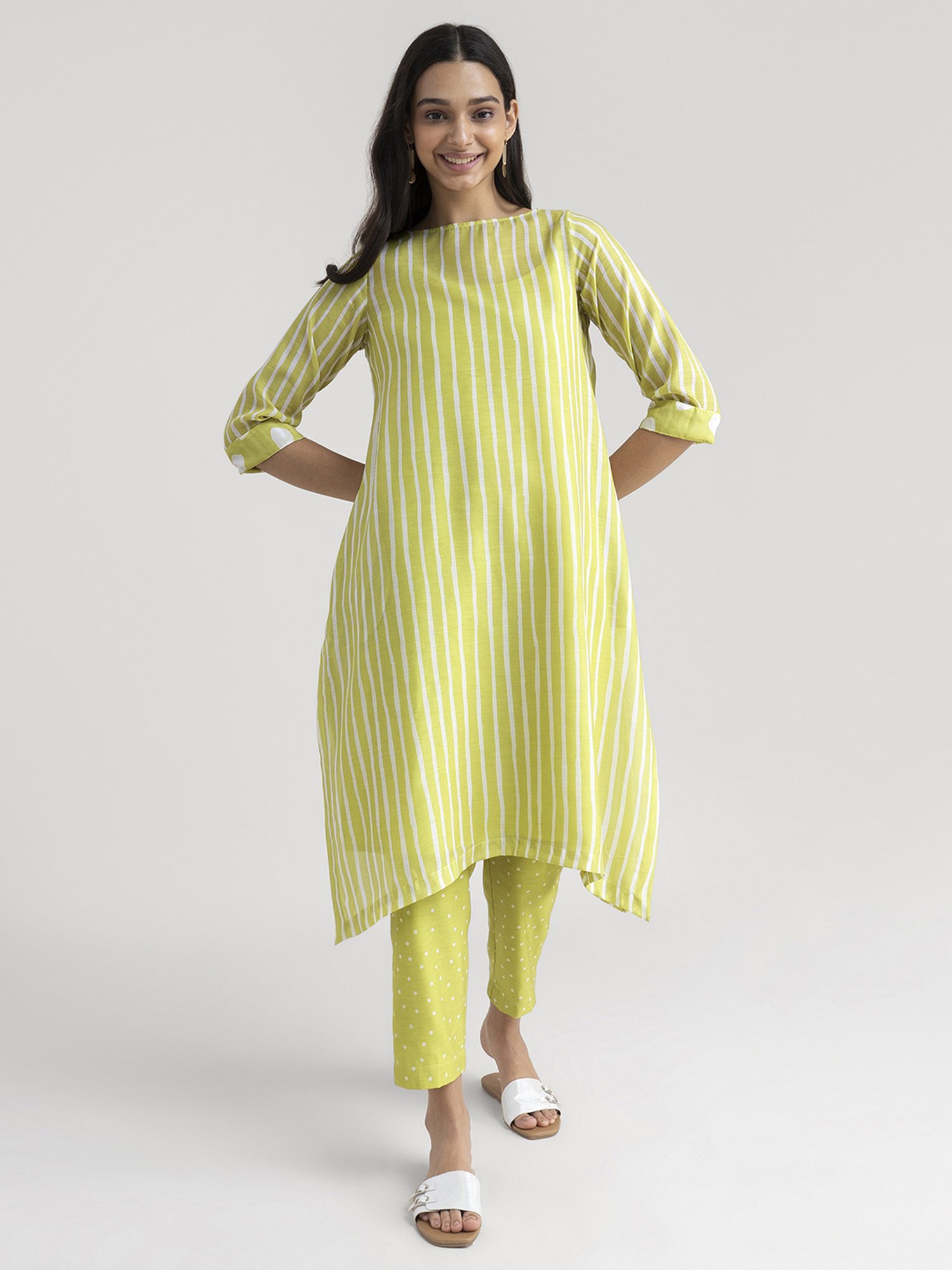 Pink Fort Lime Green Striped Kurta Pant Set