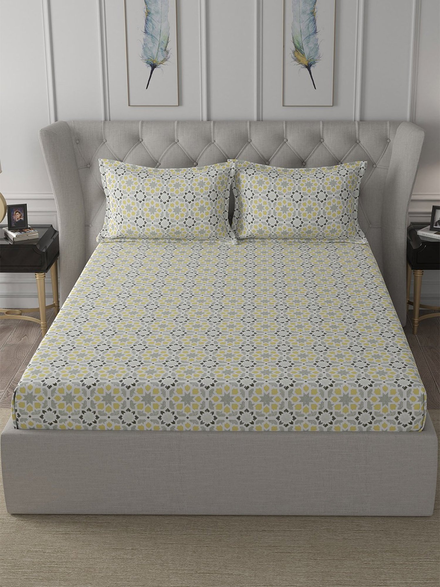 In-House by Maspar Gold 200 TC Cotton Printed Bed Sheet with 2 Pillow Cover