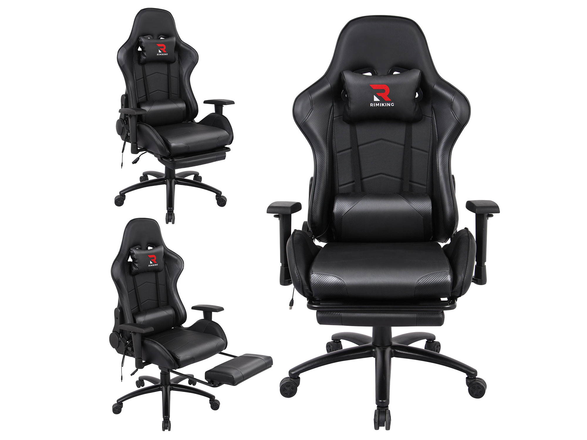 RIMIKINGMassage Gaming Chair with Retractable Footrest-Adjustable Lumbar Cushion Computer Office Racing Chair Headrest Swivel Rocking Desk Chair Ergonomic