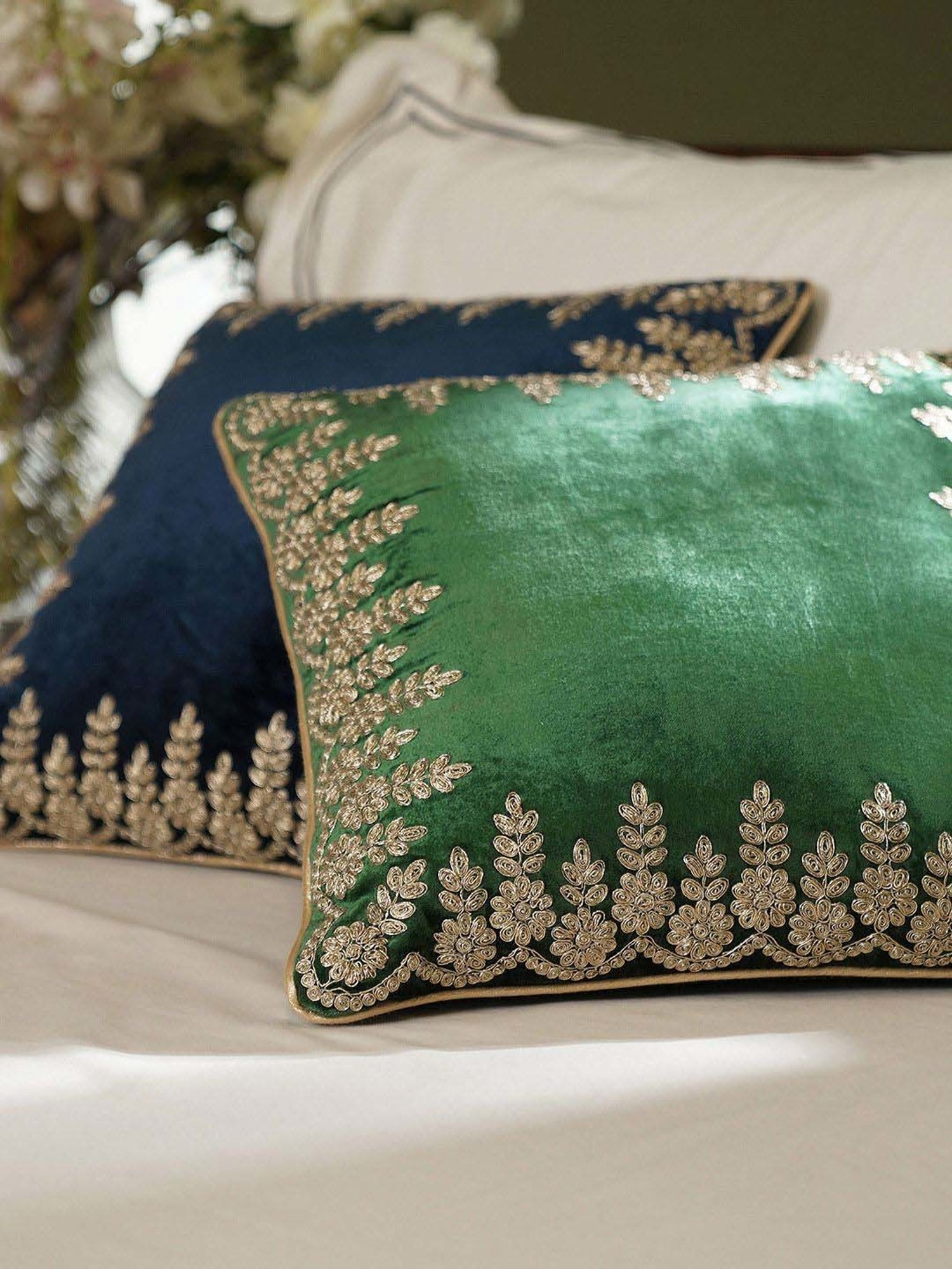 Pure Home and Living Green Velvet Zari Embroidered Square Cushion Cover
