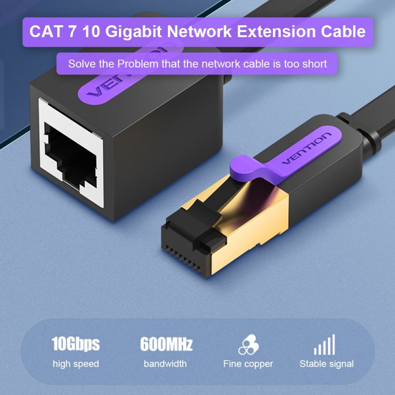 VENTION CAT 7 Network Extension Cable 10 Gigabit Fast Speed Flat Network Cable RJ45 LAN Cable for Home Business 8m Black