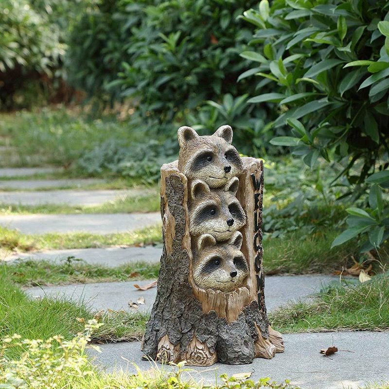 17" Polyresin Stacking Raccoon Welcome Sign Outdoor Statue Brown - Hi-Line Gift