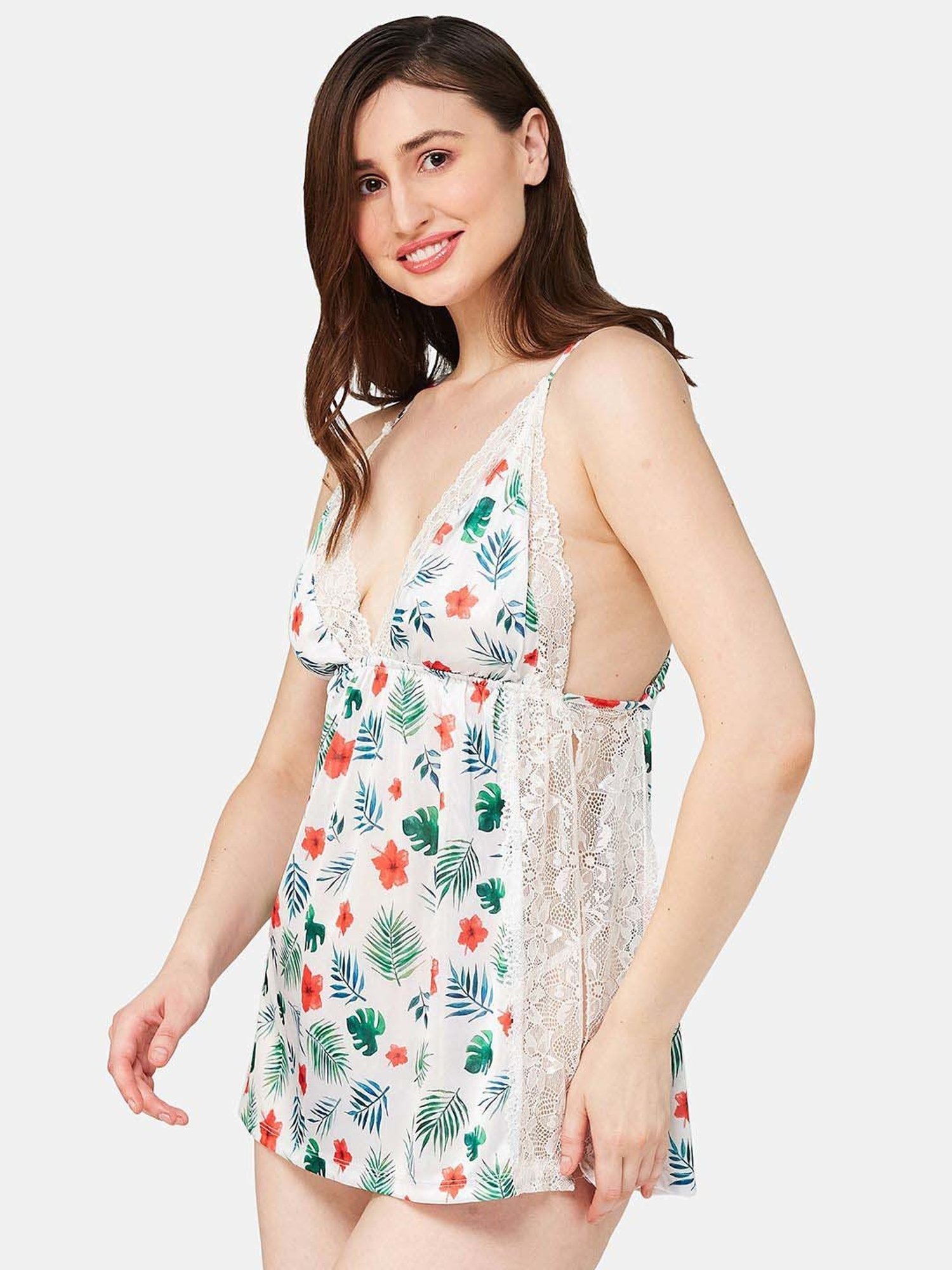 Secrets By ZeroKaata White Printed Babydoll With Panty