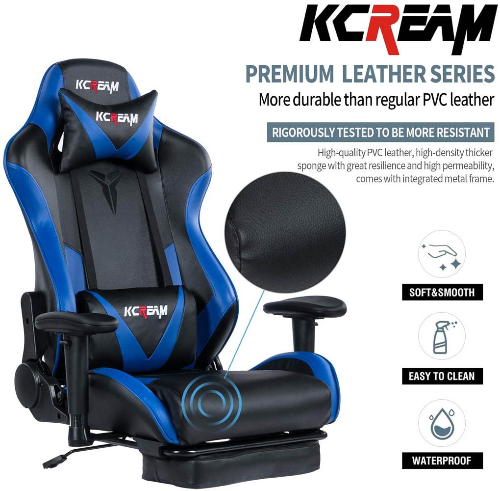 KCREAM PU Leather Swivel Chair Gaming Chair with Footrest Ergonomic Office Chair Headrest Lumbar Support Comfortable Large Size High Back Adjustable Reclining Computer Desk Chair