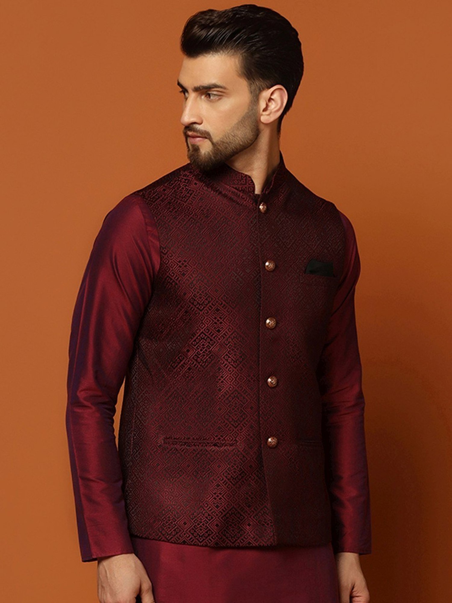 KISAH Maroon Regular Fit Self Pattern Nehru Jacket