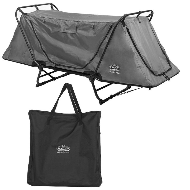 Kamp-Rite Original 1 Person Grey Easy Setup Tent Cot Folding Bed Bundle with Valuables Storage Bag