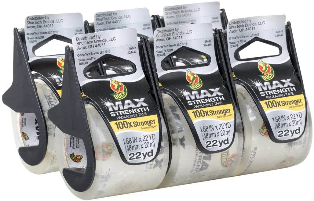 Duck 284983 Max Packaging Tape W/Disposable Dispenser, 1.88 Inch X22Yds, 1 1/2 Inch Core, Clear, 6/Pk