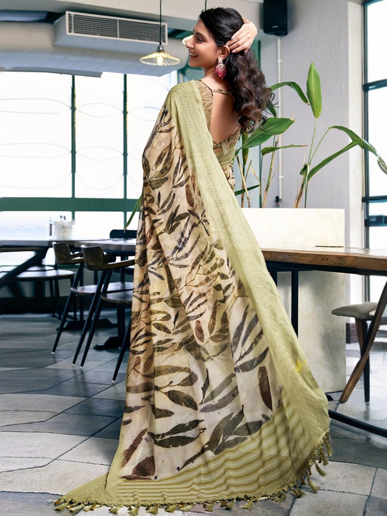 Satrani Cream & Green Printed Saree With Unstitched Blouse