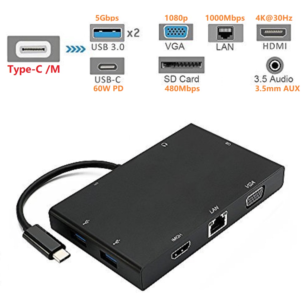 8in1 Type-C HUB with 4K HDMI VGA  1000M LAN  SD  2 x USB3.0  PD + 3.5mm Audio Adapter, Support 4K Video and Audio, Gigabit Ethernet, SD Card Reader, USB-C PD 60W Quick Charging and USB 3.0 HUB.