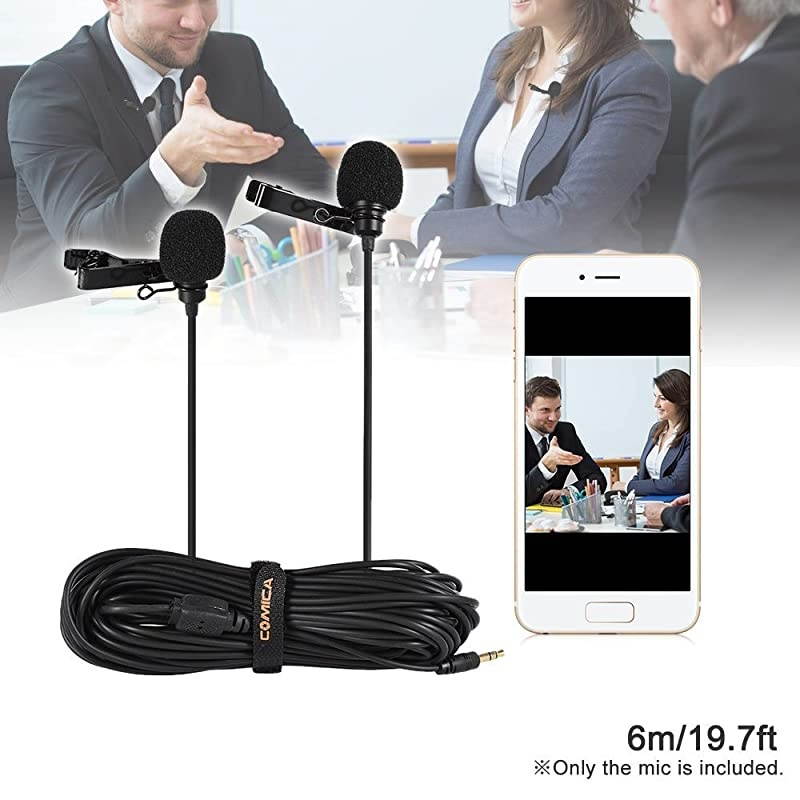 CVMD02 Dual Lavalier MicrophonesOmnidirectional Condenser Handsfree Clipon Lapel Mic with 35mm TRS ConnectorLav mic for CameraDSLRiPhoneAndroidHuaweiSonyPC LaptopBlack25meters