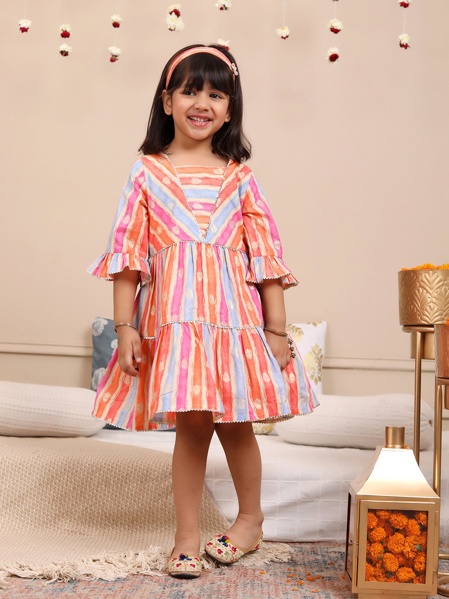 Budding Bees Girls Multicolor Striped Dress with Hairband