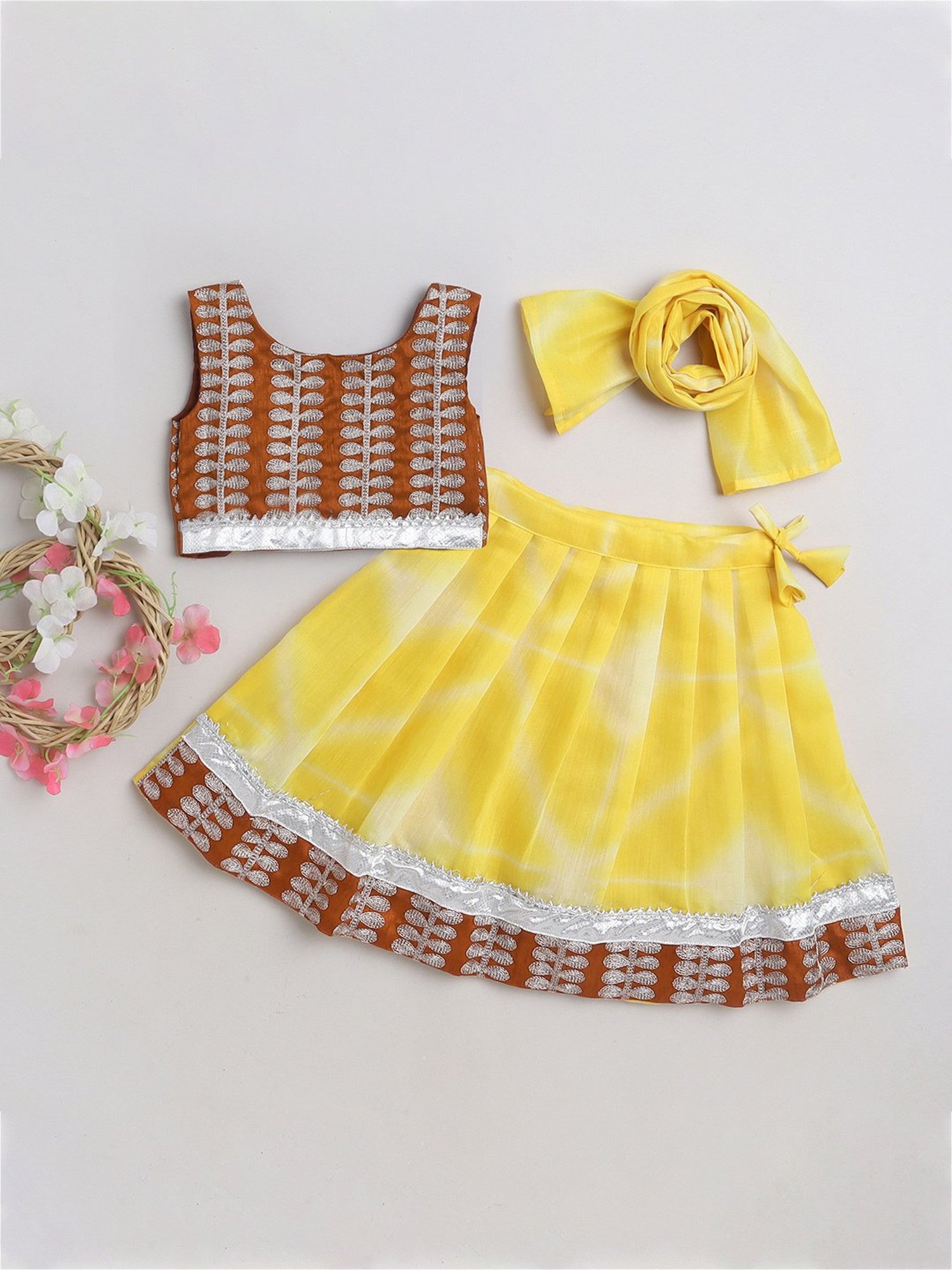 Many Frocks Kids Brown & Yellow Embellished Lehenga, Choli with Dupatta