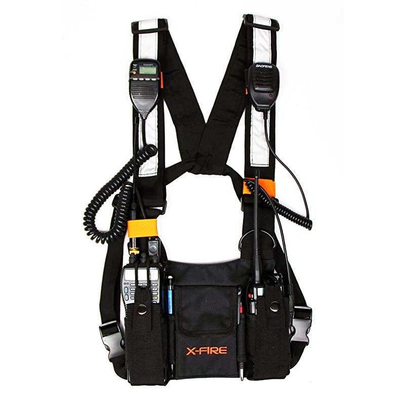 Dual Portable Radio 3m Reflective Chest Harness Vest Chaleco Front Pouch Holder Holster for Two Way Walkie Talkie GPS Firefighter EMS EMT SAR Search Rescue Tactical Refineries Construction
