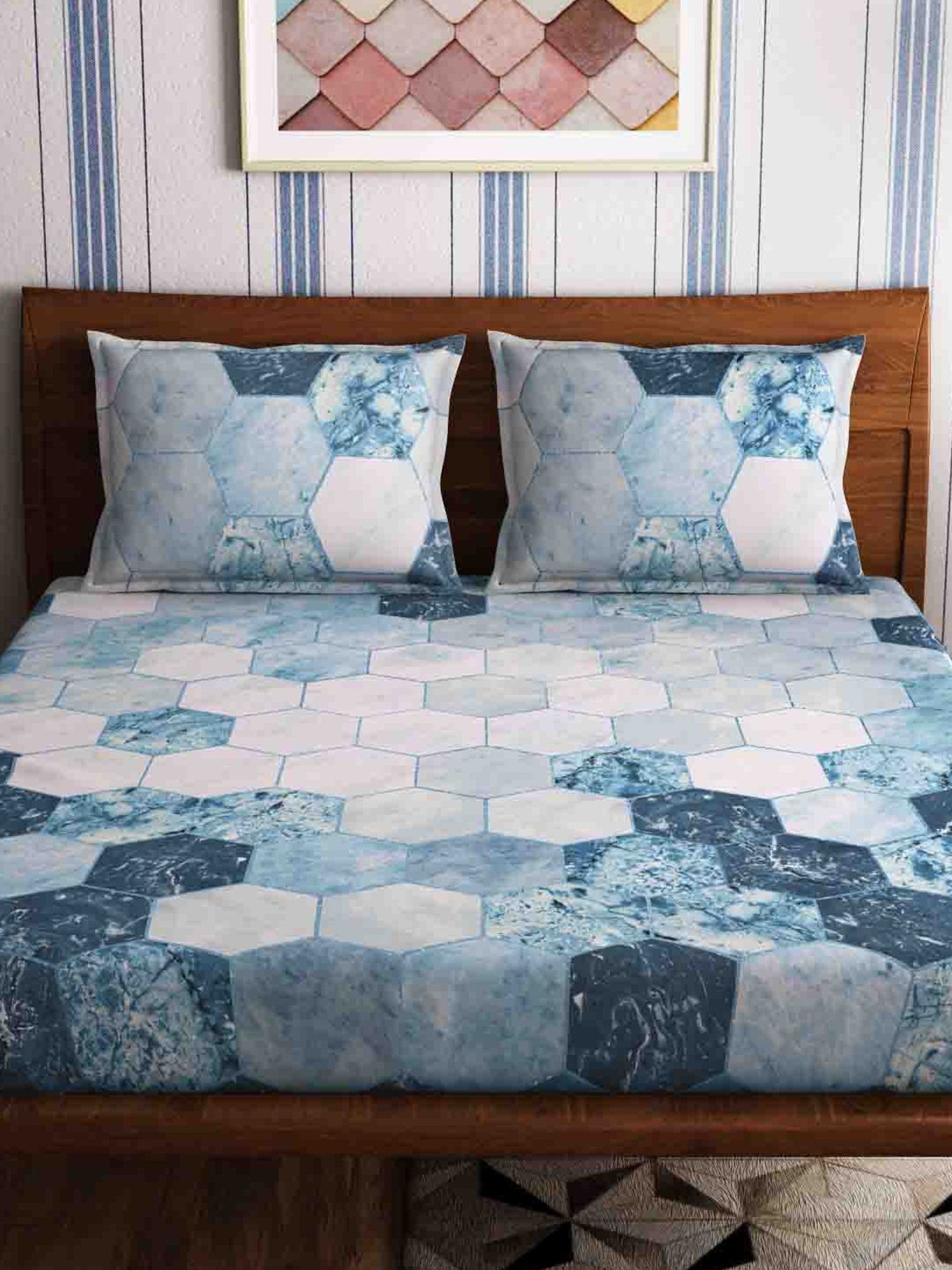 Petal Home Hexagon Blue Cotton 300 TC Bedsheet