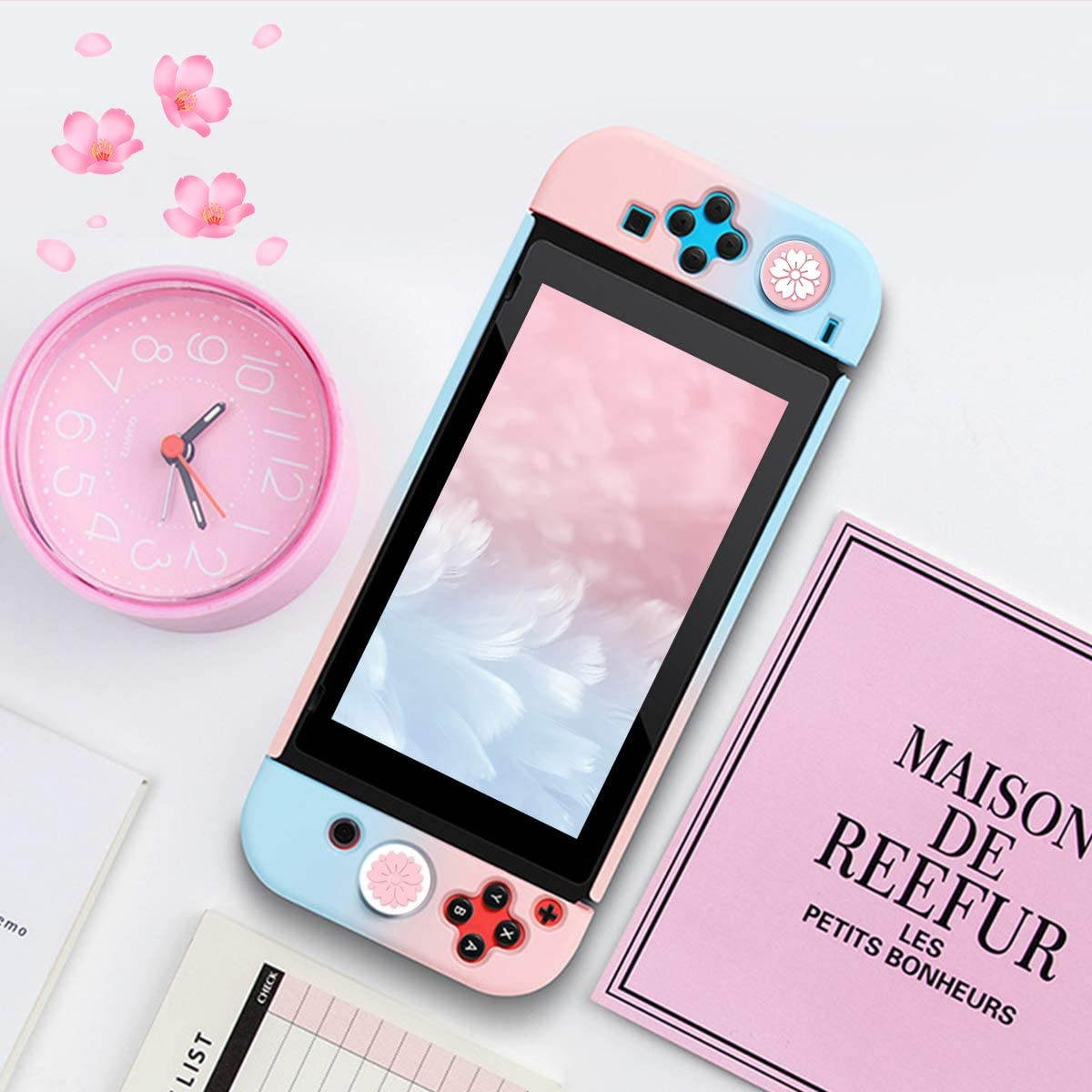 Dockable Case for Switch with 2 Sakura Flower Thumb Grip Caps, NS Protective Cover for Switch Console and Joy-Con Controllers, Gradient Hard Skin Case for Switch with 2 Silicone Sakura Joystick Caps