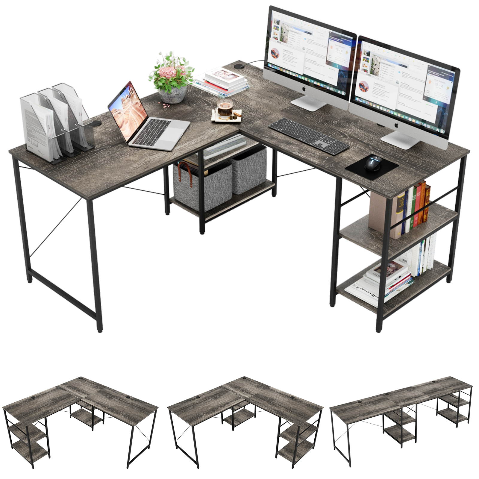Bestier L Shaped Desk with Shelves 95.2 Inch Reversible Corner Computer Desk or 2 Person Long Table for Home Office Large Gaming Writing Storage Workstation P2 Board with 3 Cable Holes, Grey Oak