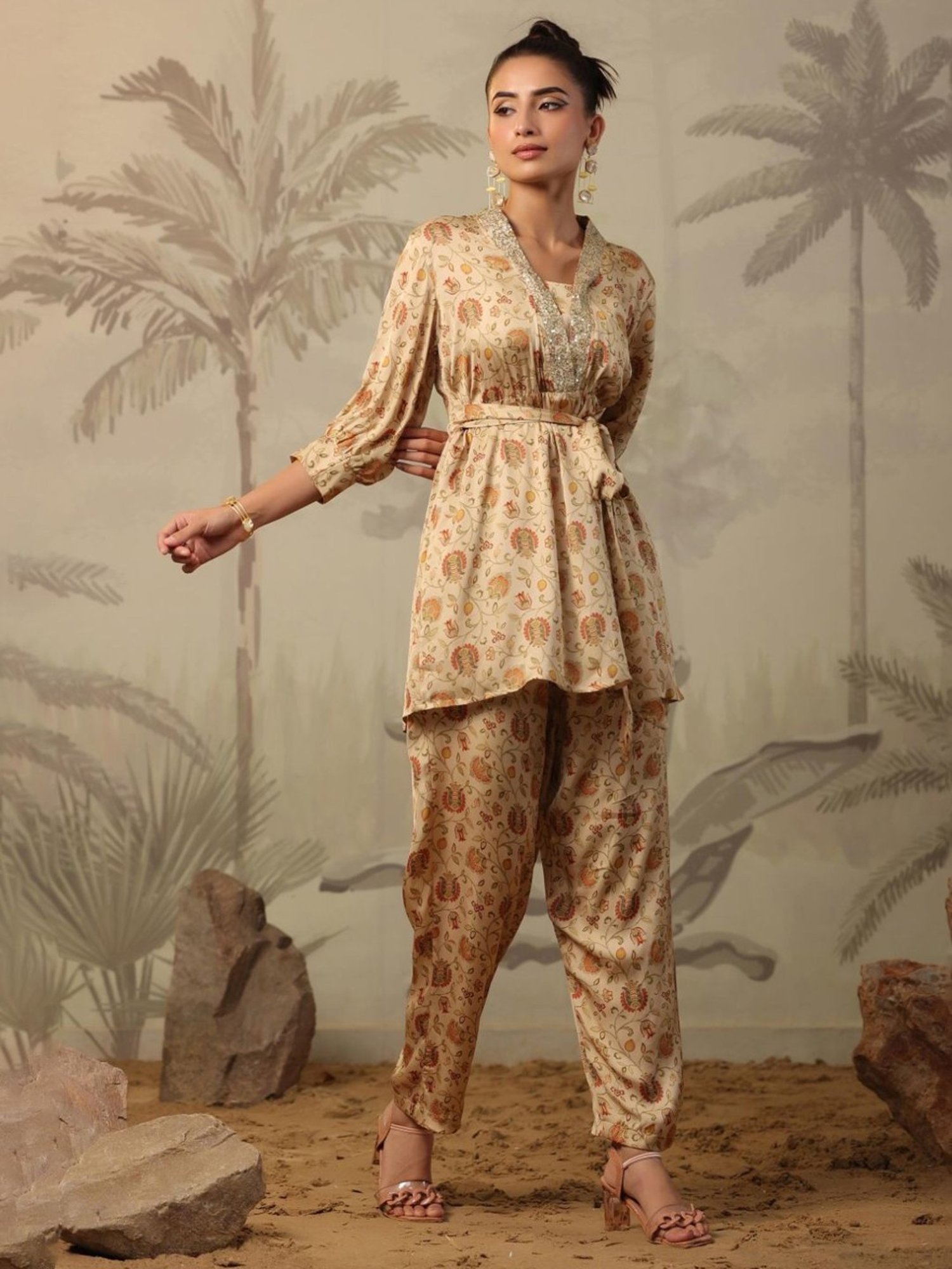 Artagai Beige Co-Ord Set with Notch Collar Kurta and Straight Pants