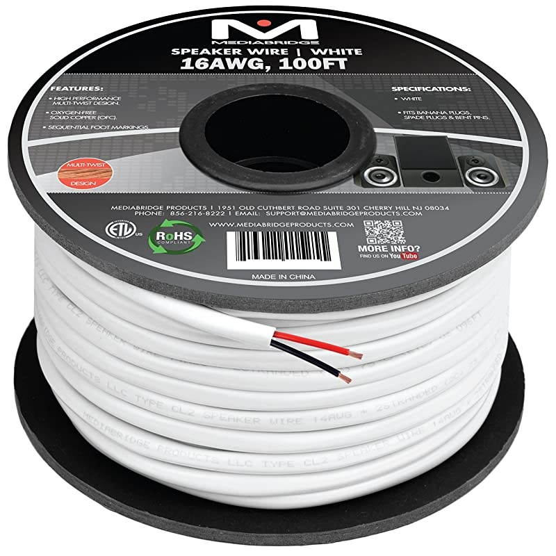 16AWG 2Conductor Speaker Wire 100 Feet White 999 Oxygen Free Copper ETL Listed CL2 Rated for inWall Use Part SW16X2100WH