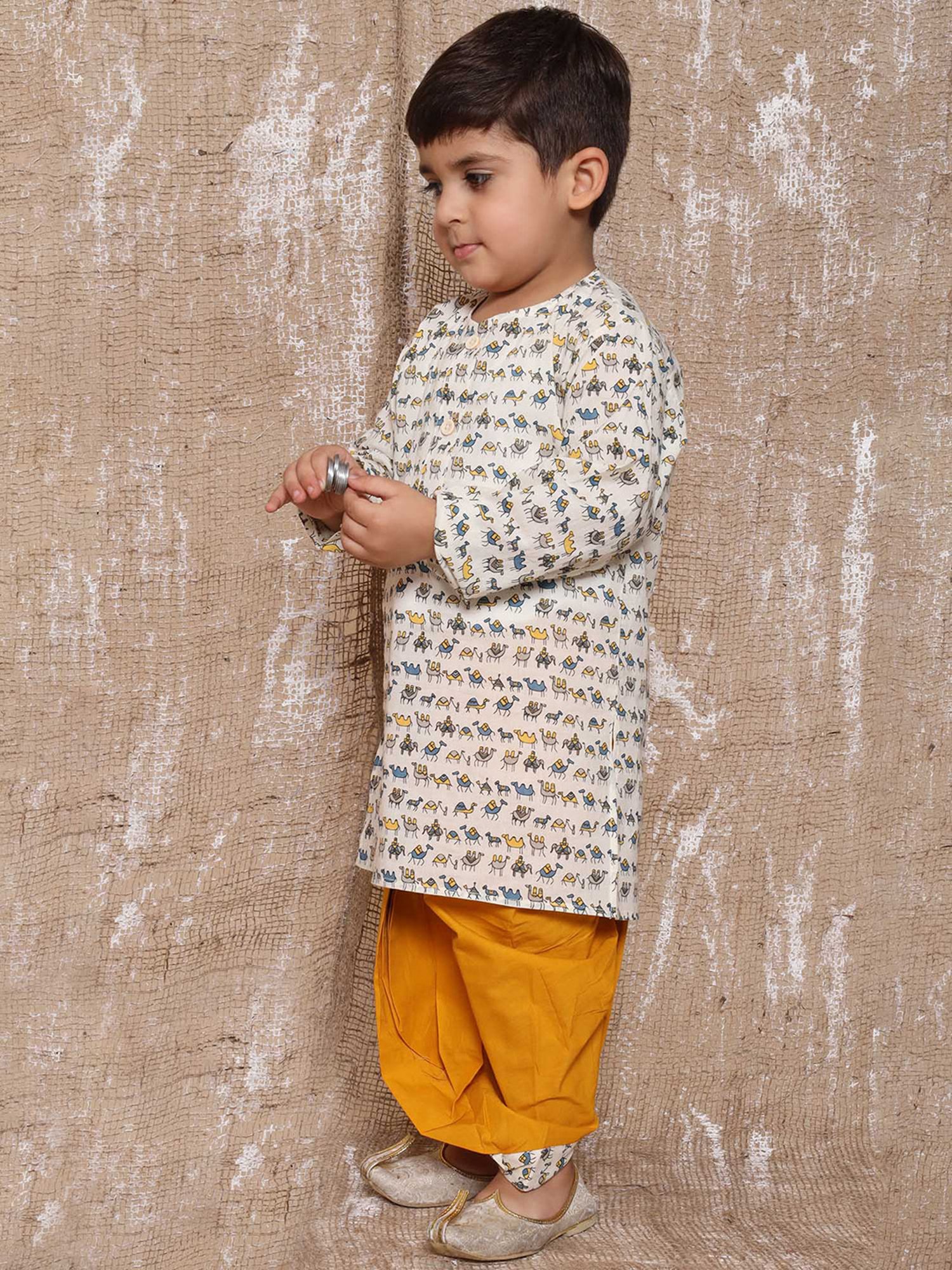 AJ Dezines Kids White & Yellow Printed Full Sleeves Kurta with Dhoti
