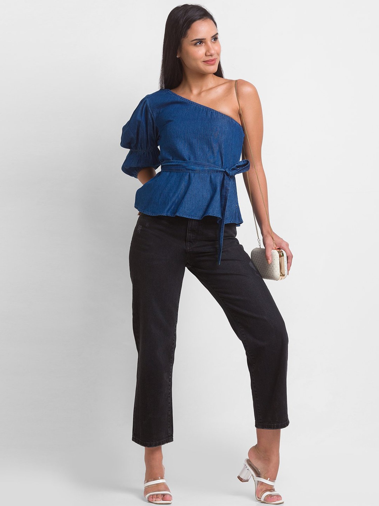 Spykar Blue Cotton One Shoulder Top