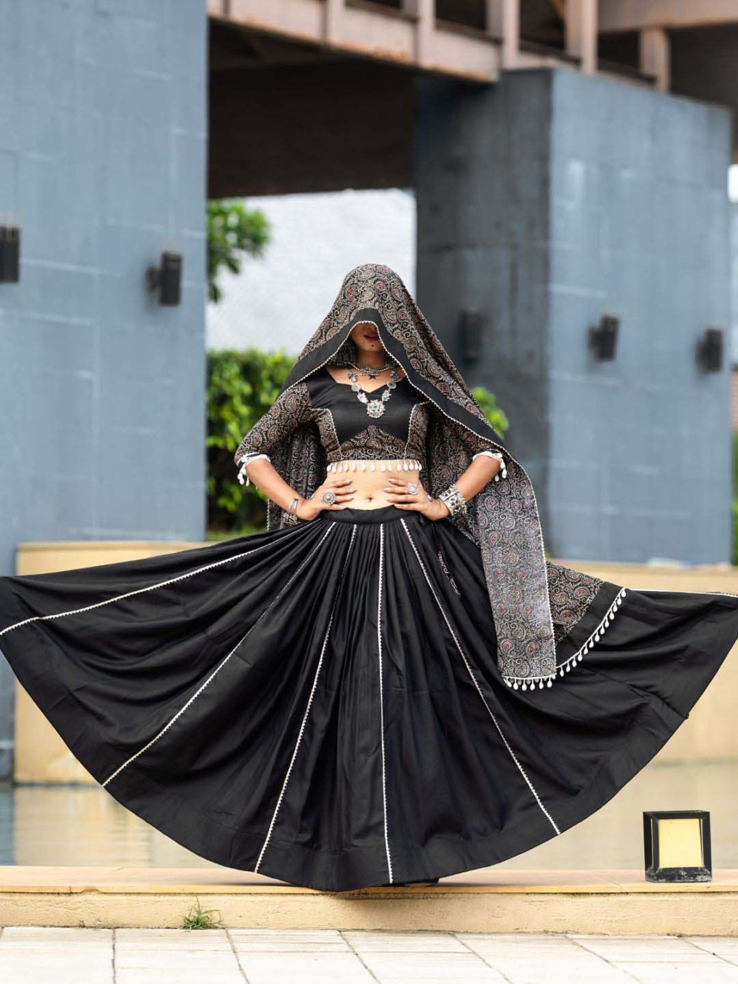 Odette Black Cotton Printed Lehenga Choli Set With Dupatta