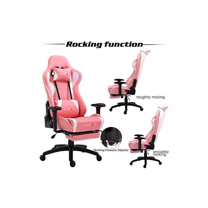 Gaming Chair Racing Office Chair High Back Computer Desk Chair PU Leather Chair Ergonomic and Executive Swivel Chair with Footrest Headrest and Lumbar Massage Support (AL-6019-PINK)