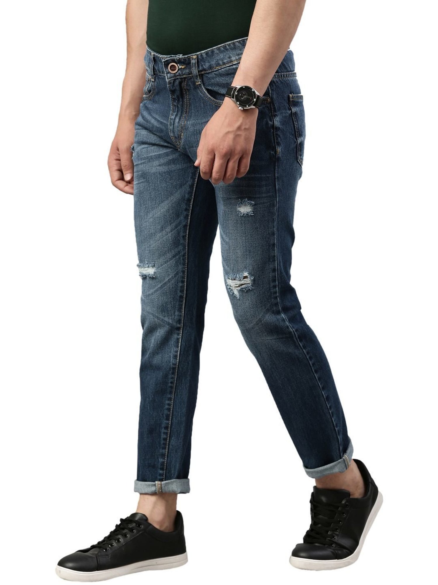 CINOCCI Blue Cotton Slim Fit Distressed Jeans
