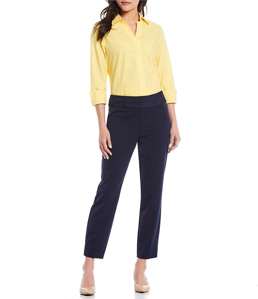 Investments Petite Size Taylor Gold Label Non-Iron Y-Neck 3/4 Sleeve Button Front Shirt