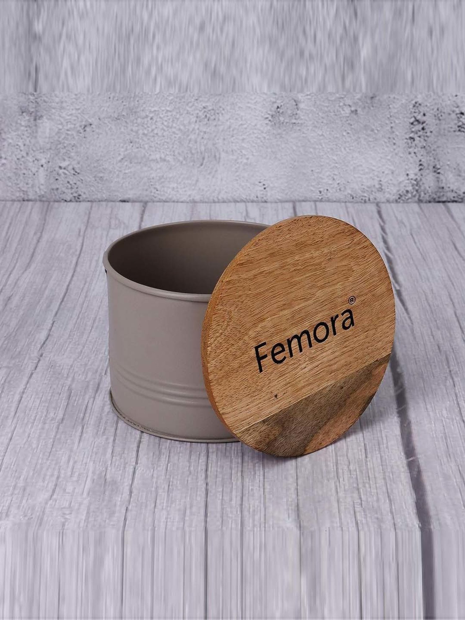 Femora Green Steel Canister Airtight Sealed Fresh Storage Jar With Wooden Lid (0.3 L) - Set of 2