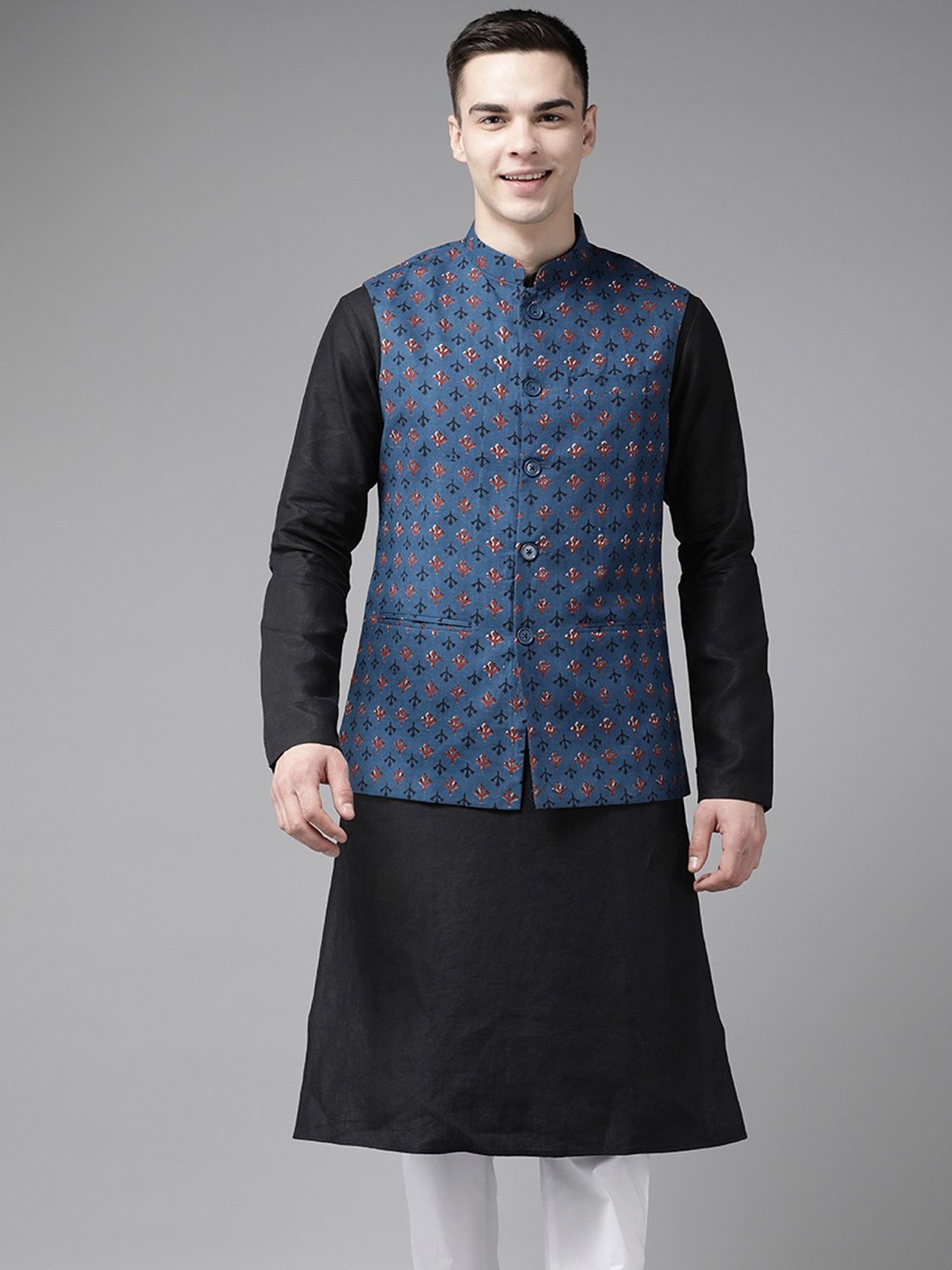 See Designs Blue Cotton Regular Fit Printed Nehru Jacket