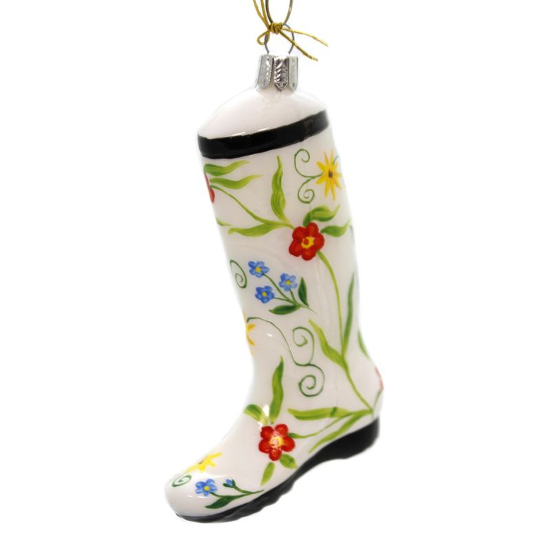 Holiday Ornaments 4.75" White Flower Boot Hand Painted  -  Tree Ornaments