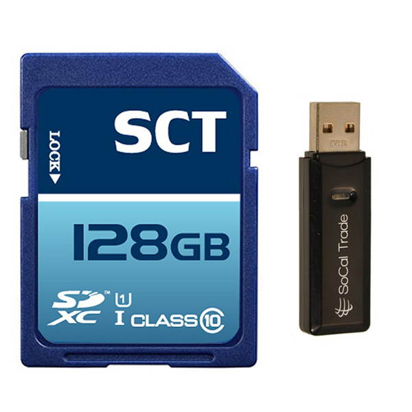 SCT 128GB SD XC Class 10 UHS-1 Secure Digital Ultimate Extreme Speed SDXC Flash Memory Card 128G 128 GB GIGS (S.F128.RT.550) with SoCal Trade SCT Dual Slot Memory Card Reader - Retail Packaging
