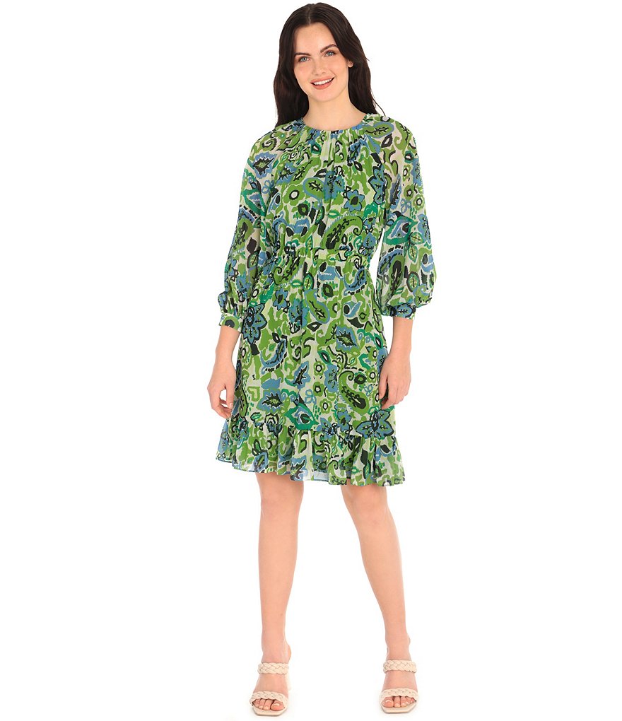 Maggy London Paisley Print Ruffle Hem 3/4 Sleeve Crew Neck Dress