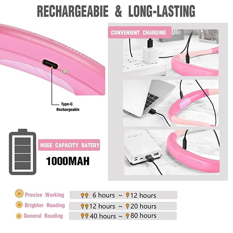 LED Neck Reading Light Book Light for Reading in Bed 3 Colors 6 Brightness Levels Bendable Arms Rechargeable Long Lasting Pink Perfect for Reading Knitting Camping Repairing