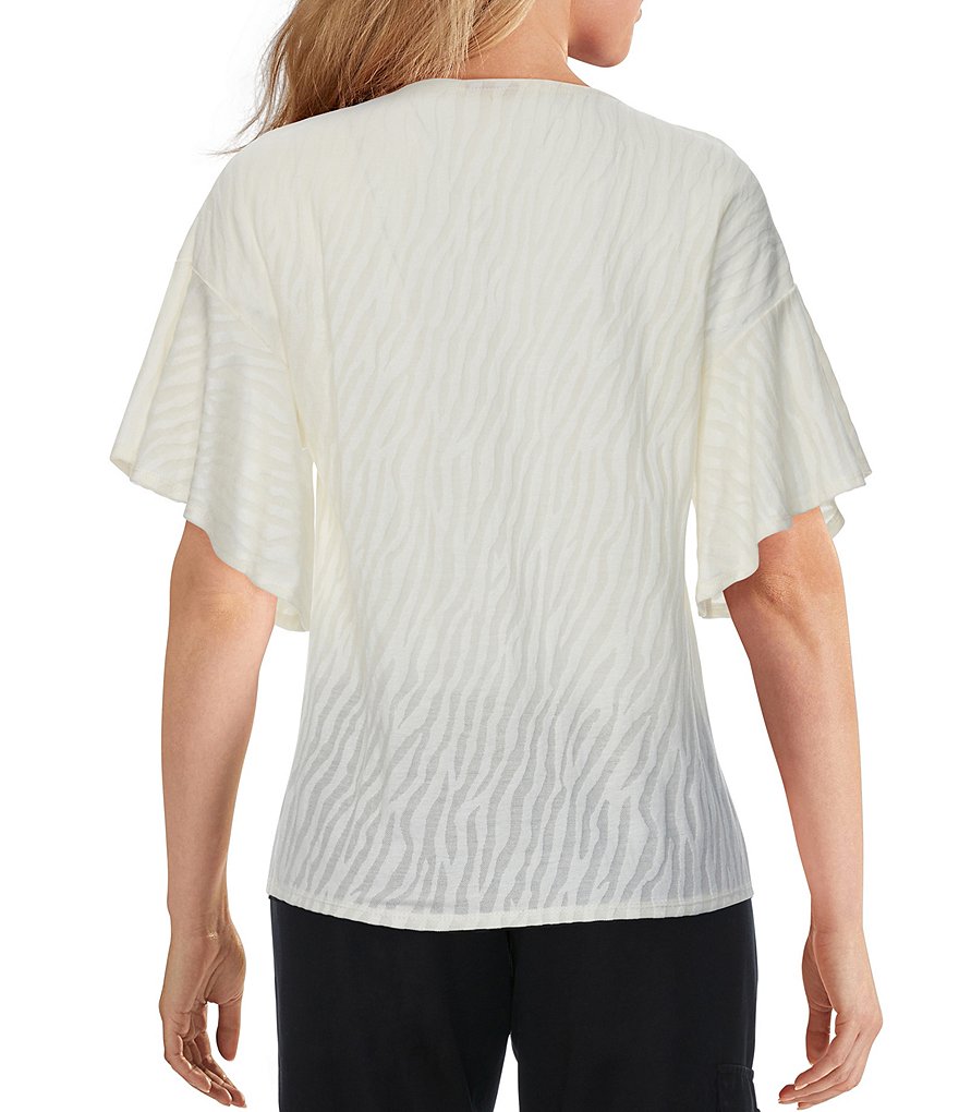 Ruby Rd. Embellished Ballet Neck Zebra Jacquard Knit Flutter Sleeve Tie-Front Top