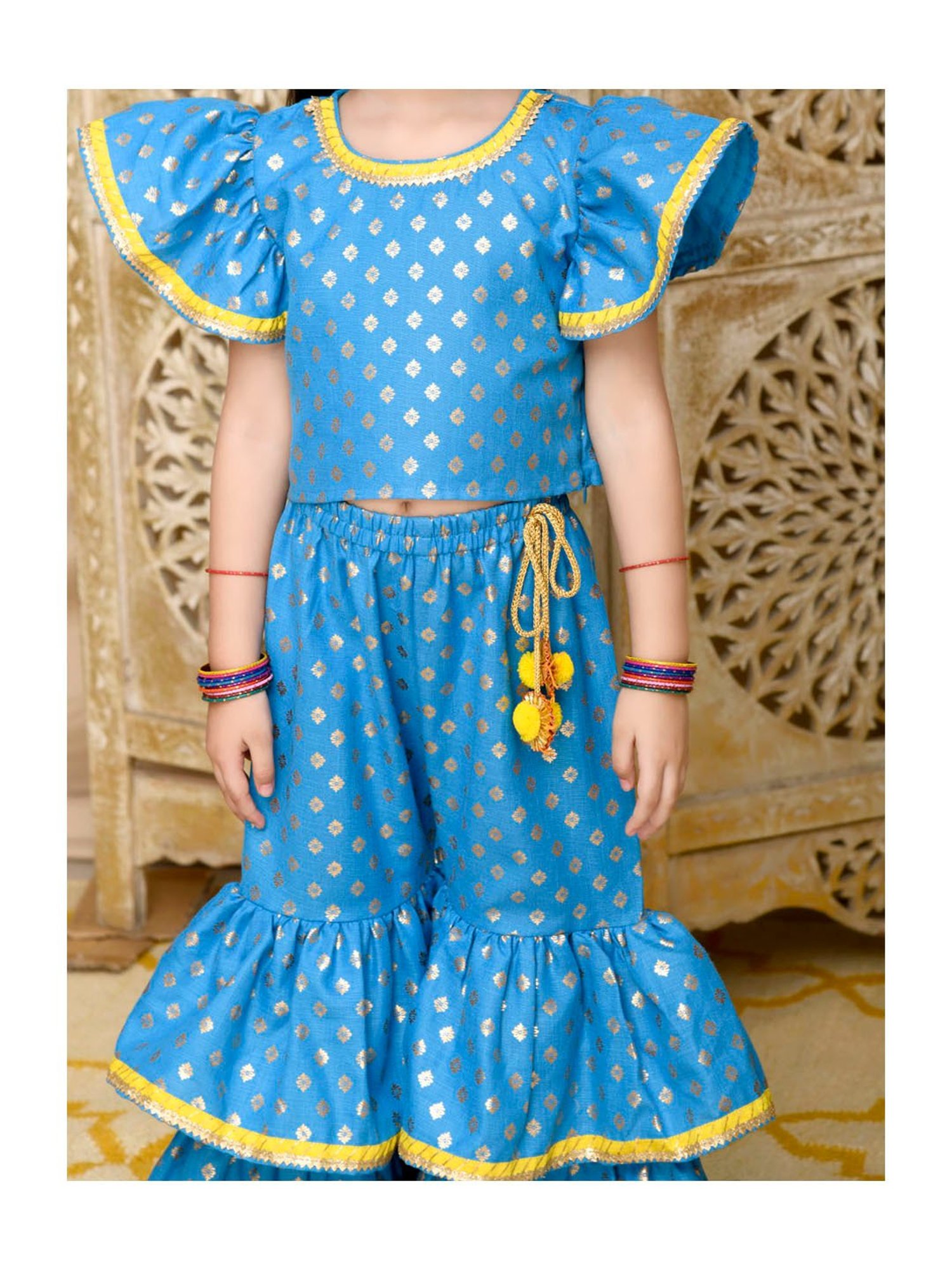 Saka Designs Kids Blue & Gold Printed Top with Sharara