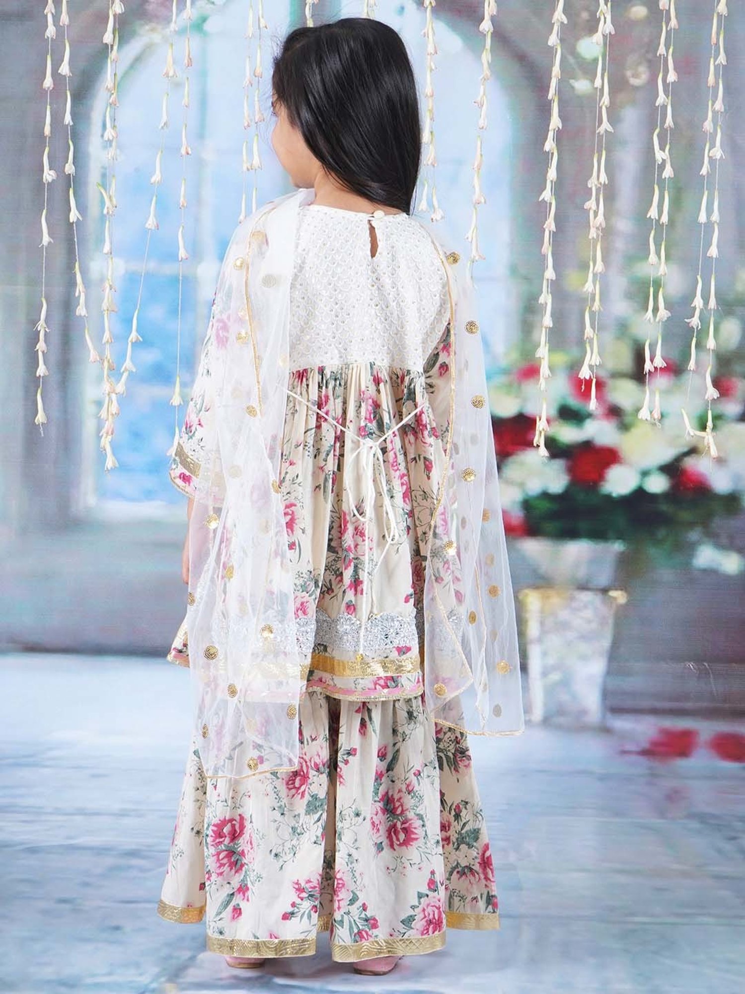 Little Bansi Cream & Pink Cotton Floral Print Kurta Set