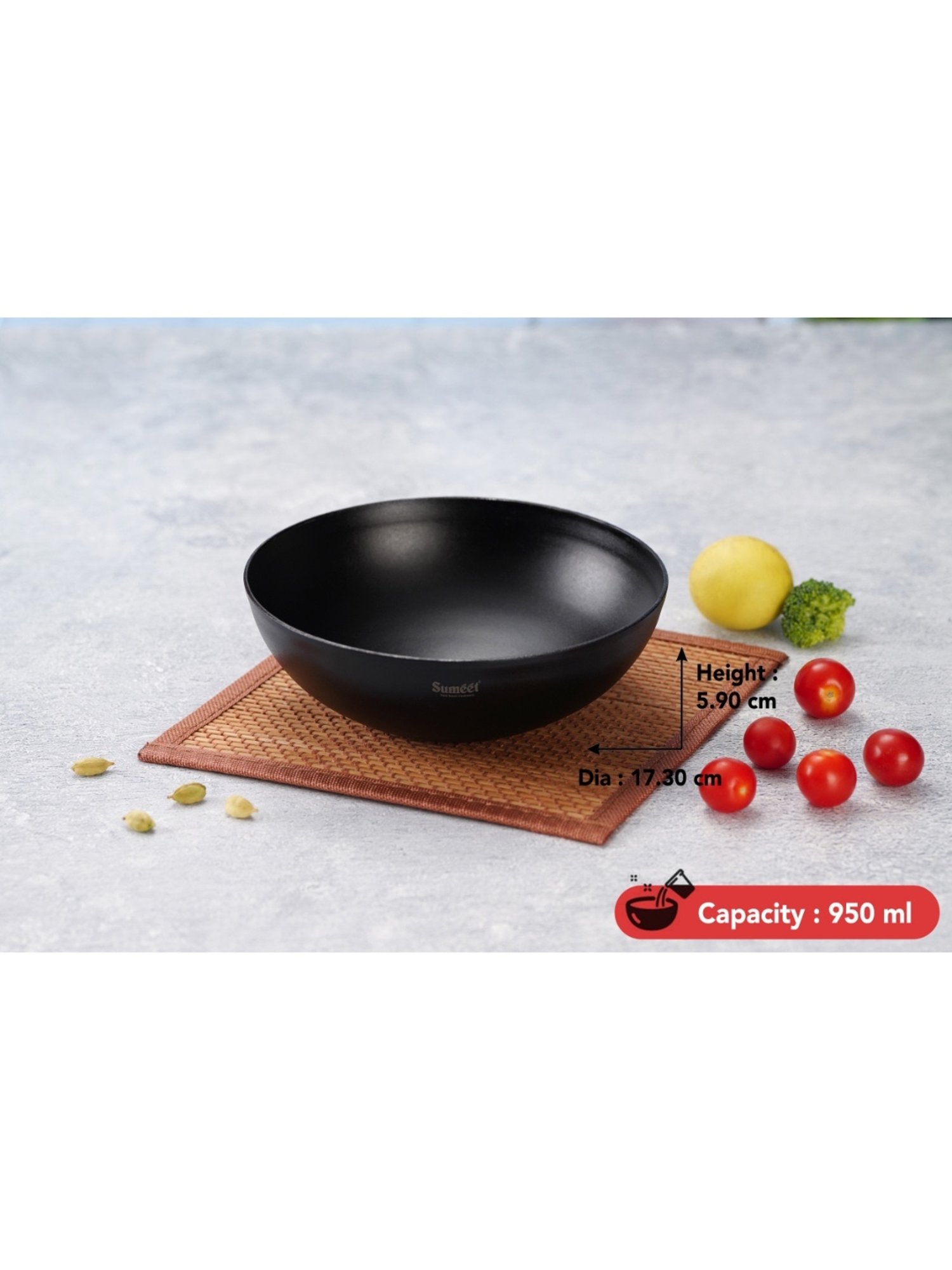 Sumeet Pre Seasoned Carbon Steel (Iron) Deep Tasra for Frying|17.3cm-950ml, Gas & Induction-Friendly