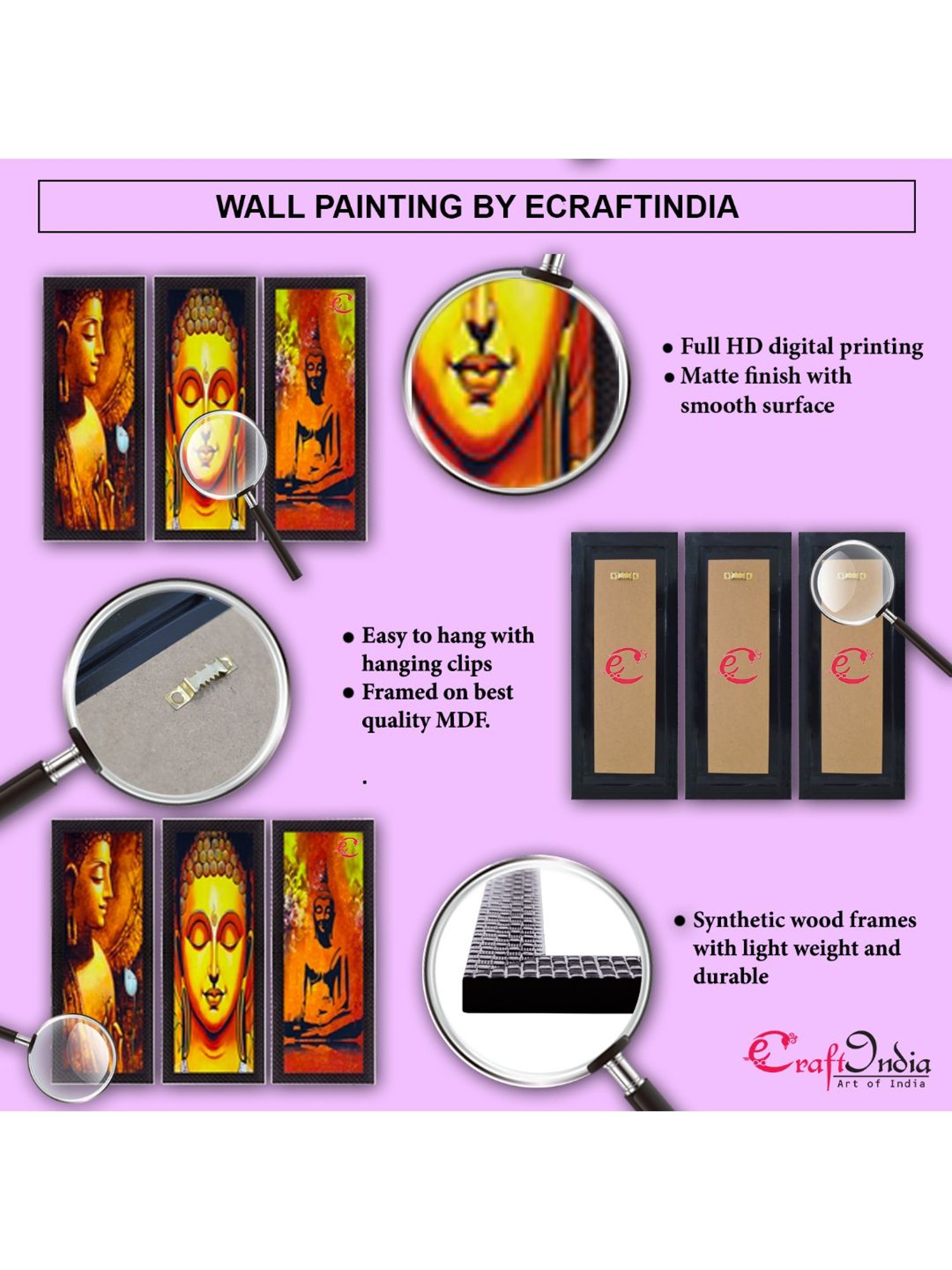 eCraftIndia Set of 3 Lord Krishna Satin Matt Texture UV Art Painting