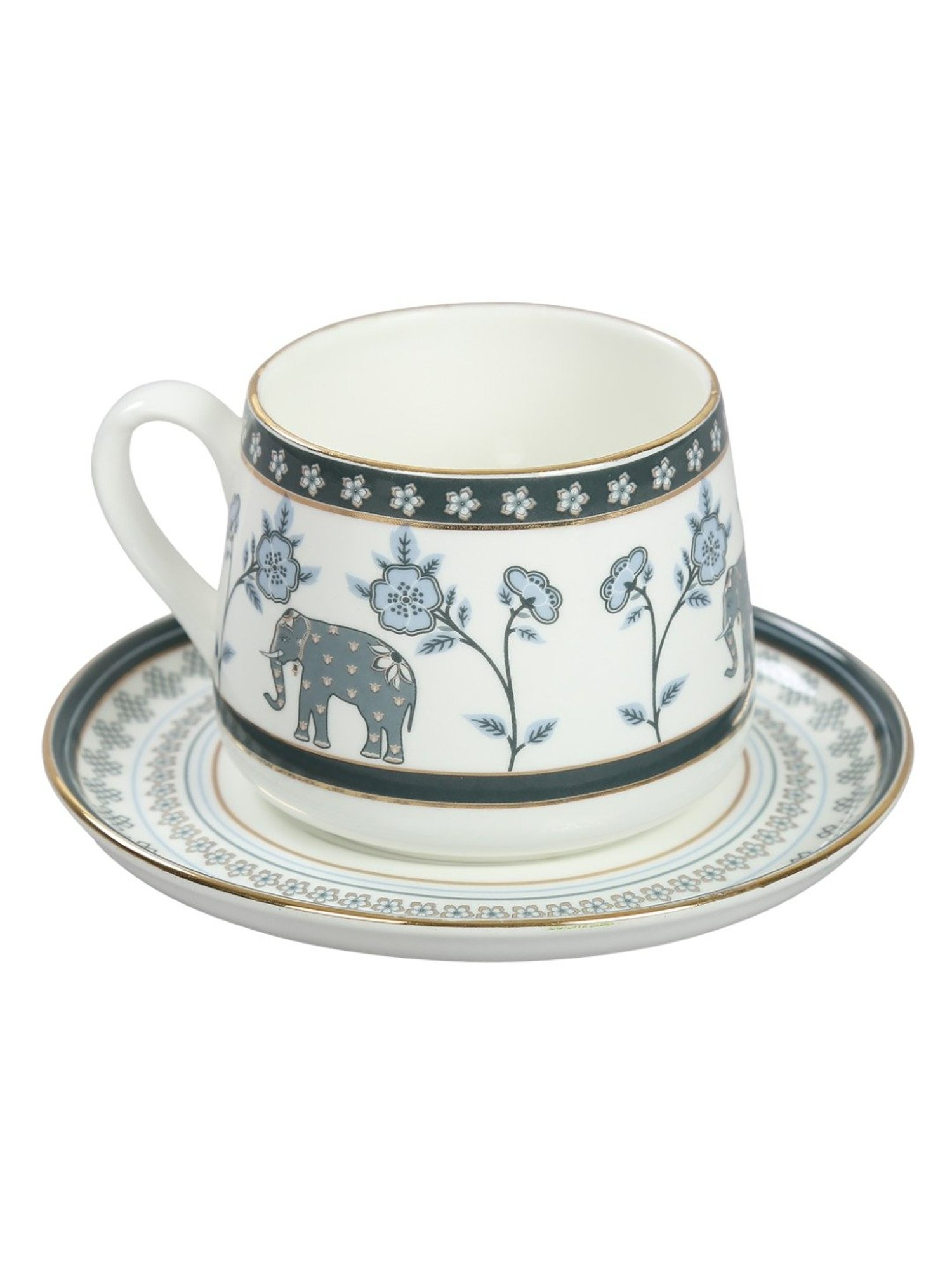 India Circus Abstract White Bone China Cup Saucer Set (Set of 8) Accented With 22 Carat Gold