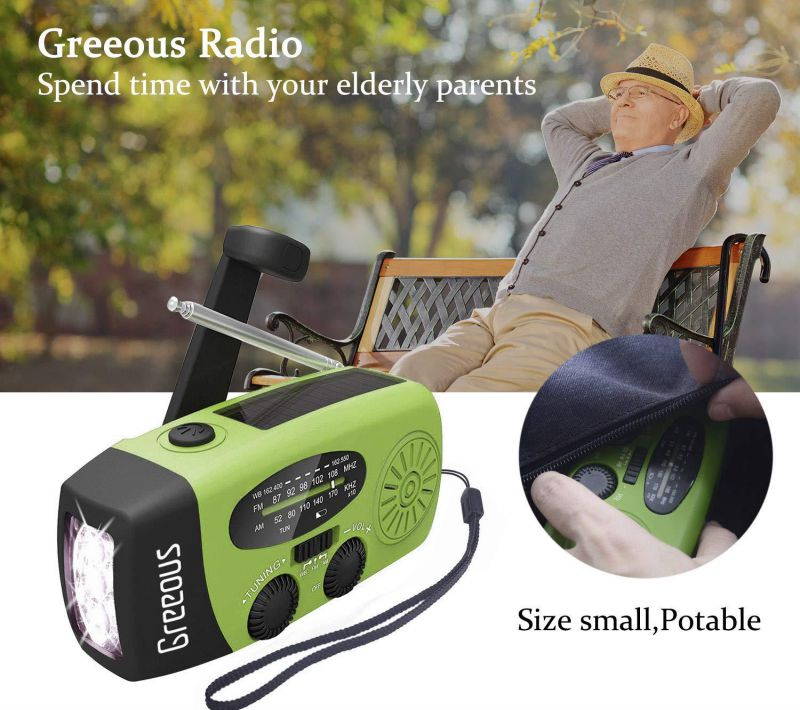 Hurricane Radio Weather Station,Waterproof,Emergency Radio with Hand Crank, Solar Powered,1200mAh FM/AM/NOAA, Cellphone Charger,Potable,Flashlight,Survival kit,Green,Greeous