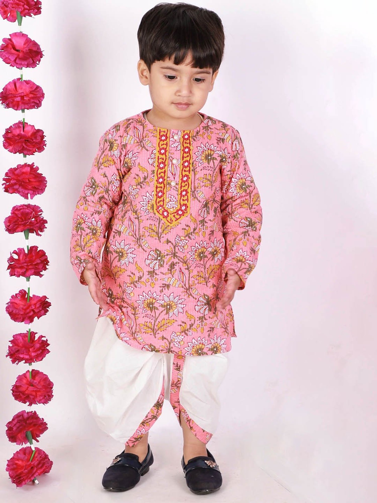 Little Bansi Kids Pink & White Embroidered Kurta with Dhotis